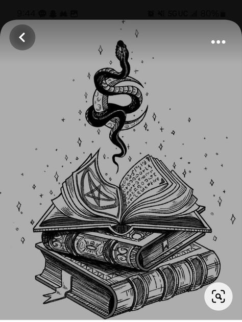 Book Of Shadows Tattoo, Drawing Ideas Witchy, Witch Aesthetic Sketch, Book Tattoo Sketch, Black And Grey Book Tattoo, Gothic Book Tattoo Ideas, Snake And Book Tattoo, Spell Book Tattoo Design, Witch Book Drawing