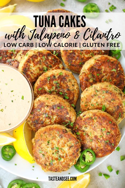 These yummy Tuna Cakes with Jalapeño and Cilantro are low carb,  low calorie, and big on flavor!  They are a budget-friendly protein-packed entrée that requires a handful of ingredients and canned tuna. #TasteAndSee Low Calorie Tuna Recipes, Can Tuna Recipes Healthy, Tuna Recipes Canned, Tuna Cakes Recipe, Healthy Tuna Recipes, Tuna Fish Cakes, Tuna Patties Recipes, Low Carb Low Calorie, Veggie Side Dish