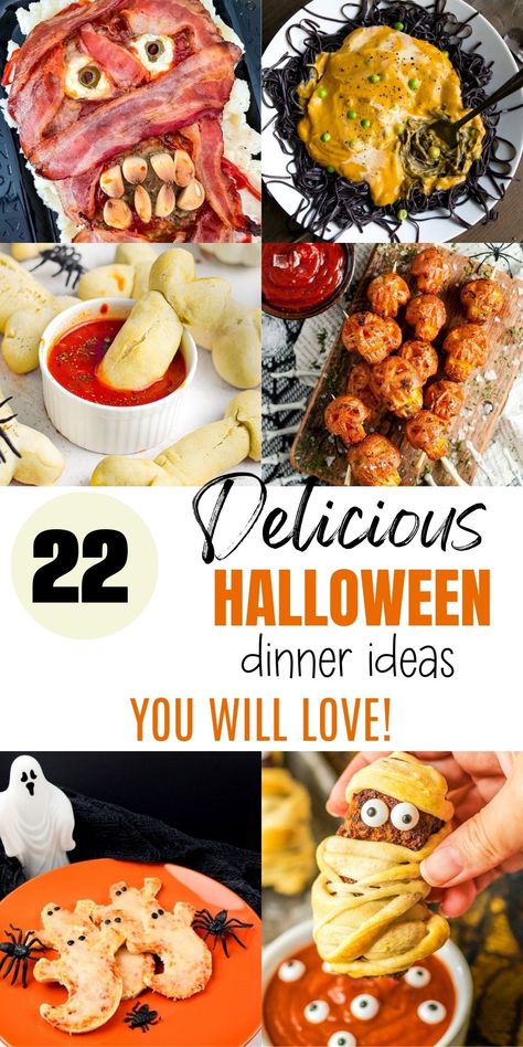 Serve up fun and frightening dishes this Halloween with simple and quick Halloween dinner ideas. From spooky entrees to hilarious Halloween food ideas, your party will be both scary and amusing! Halloween Fun Recipes, Halloween Foods For Adults, Creative Halloween Food Ideas, Food For Halloween Party Appetizers, Halloween Noodles Food, Main Course For Halloween Party, Cooking For Friends Dinner Ideas, Halloween Main Dish Ideas For Parties, Halloween Food For Work