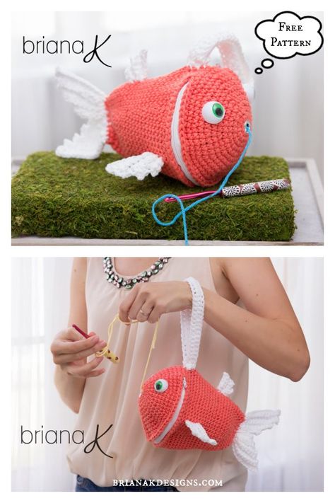 Fish Wristlet Yarn Holder Bag Free Crochet Pattern Yarn Buddy, Crochet Yarn Holder, Fish Crochet, Bag Free Crochet Pattern, Crochet Organizer, Crochet Market, Bag Crochet Pattern, Crochet Fish, Debbie Macomber