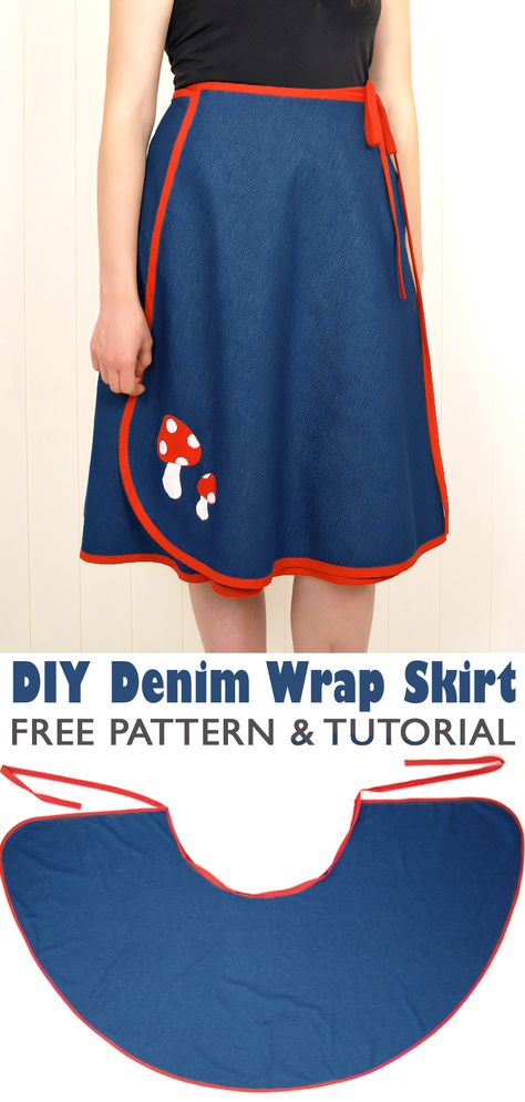 DIY: Denim Wrap Skirt Tutorial & Pattern Diy Circle Skirt Tutorial, Wrap Skirt Tutorial Maxi, Easy Pleated Skirt Diy, Diy Easy Skirt, Apron Skirt Pattern, Wrapped Skirt Pattern, Free Aline Skirt Pattern, Half Circle Wrap Skirt Pattern, Tablecloth Sewing Pattern