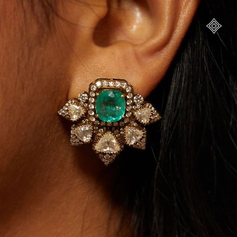 C. Krishniah Chetty & Co 1869 by Ganesh Narayan Cotha | A closer look at the intricate details of our 18K gold Jadau earrings. Each stud features vibrant emeralds and delicate valanda motifs… | Instagram Victorian Diamond Earrings, Jadau Earrings, Gold Jewelry Prom, Victorian Elegance, Diamond Jewelry Earrings, Diamond Pendants Designs, Fancy Jewelry Necklace, Diamond Earrings Design, Jewellery Design Sketches