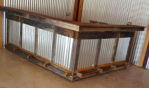 Out door or barn bar made out of old fence boards with new tin panels Old Barn Door Ideas, Barn Door Ideas, Ceilings Ideas, Barn Bar, Old Fence Boards, Tin Bar, Bathtub Surround, Moroccan Ceiling, Bar Plans