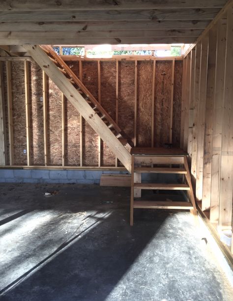 Attic Rooms Staircase, Loft Above Garage Ideas, Garage Lofts Ideas, Garage Staircase Ideas, Stairs To Garage Attic, Walk Up Attic Stairs, Above The Garage Room Ideas, Steps In Garage To House, Garage Loft Bedroom