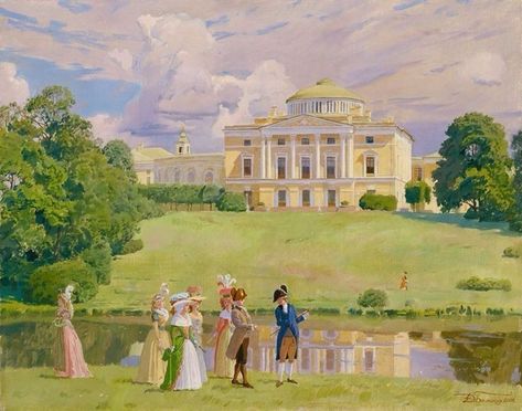 Regency Landscape Painting, Bridgerton Aesthetic Painting, Bridgerton Art, 18th Century Landscape, House Cartoon, Arte Grunge, Fantasy Paintings, Historical Art, People Illustration