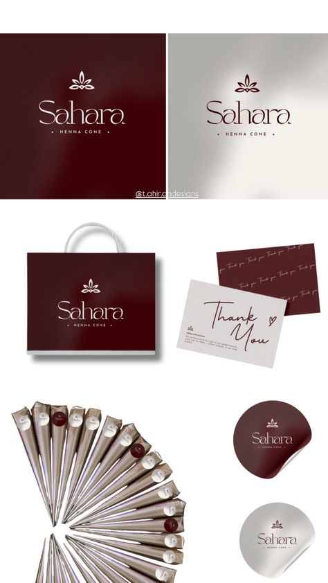 Explore this sophisticated and timeless logo design for "Sahara Henna Cone," brought to life by t.ahir.ahdesigns. This brand identity showcases a minimalistic yet elegant style with mockups featuring packaging, thank-you cards, and branded stickers. Perfect for a premium and artistic aesthetic! Islamic Brand Name Ideas, Branded Stickers, Elegant Henna, Brand Name Ideas, Timeless Logo Design, Timeless Logo, Henna Cones, Artistic Aesthetic, Cute Names