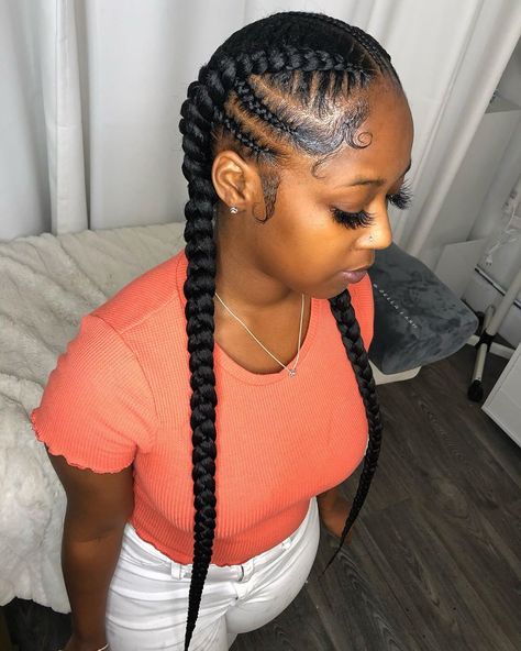 Wig Maker & Braid Slayer on Instagram: “2 Feed-In Braids with designs 😍 Another quick quarantine style using just one pack of braiding hair.” Simple 2 Braids For Black Women, 3 Big Braids For Black Women, 5 French Braids Black Hair, Two French Braids With Weave Black Women, Hairstyles For Black Women 2 Braids, 4 Braided Hairstyles For Black Women, Black Women Two Braids Hairstyles, Duchess Braids Black Women, Two Cornrows Braids For Black Women Natural Hair