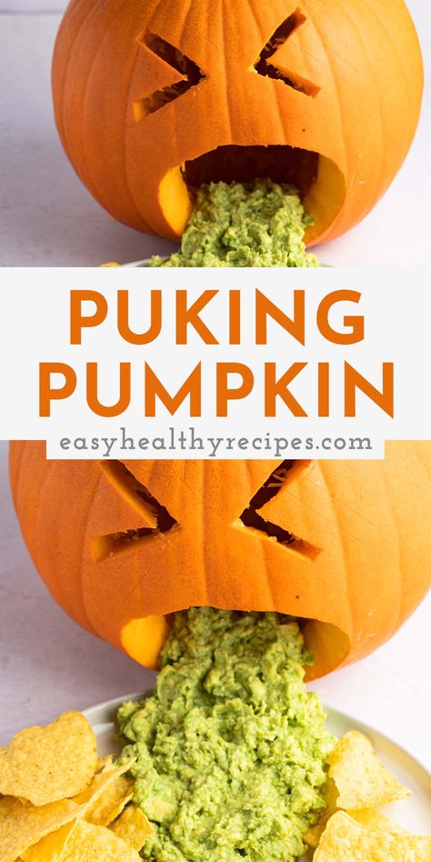 Pumpkin Puking Guacamole, Throw Up Pumpkin Carving, Pumpkin With Guacamole, Halloween Guacamole Pumpkin, Pumpkin Guacamole Vomit, Pumpkin Throwing Up Dip, Halloween Snack Table, Halloween Guacamole, Pumpkin Throwing Up