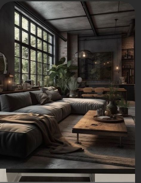 Masculine Aesthetic Interior Design, Dark Eccentric Living Room, Charcoal Home Decor, Dark French Interior, Dark Forest Aesthetic Living Room, Black And Copper Home Decor, Vintage Loft Decor, Moody Modern House Exterior, Living Room Aesthetic Vintage Dark