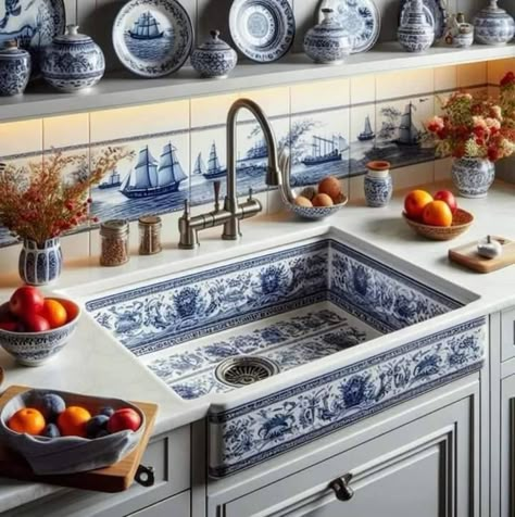 Blue Tiled Kitchen, Delft Blue Kitchen, 2024 Color Palette, Blue White Decor, Rustic Kitchen Design, Kitchen Remodel Before And After, 2024 Color, Diy Kitchen Furniture, Blue Kitchens