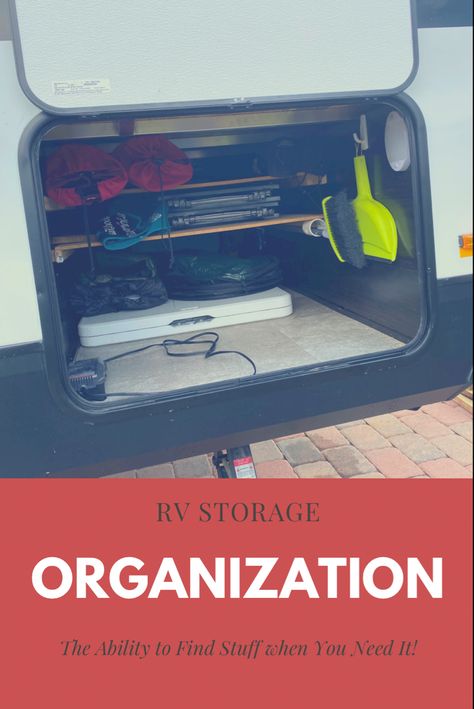 We organized the storage area so that our stuff fits and we can find it when we need it! #rvlife #rvtravel #storage #organization Rv Liquor Bottle Storage, Rv Fishing Pole Storage, Rv Passthrough Storage, Rv Cleaning Supply Storage, Rv Bumper Storage Rack, Rv Storage Organization, Rv Upgrades, Basement Organization, Rv Storage