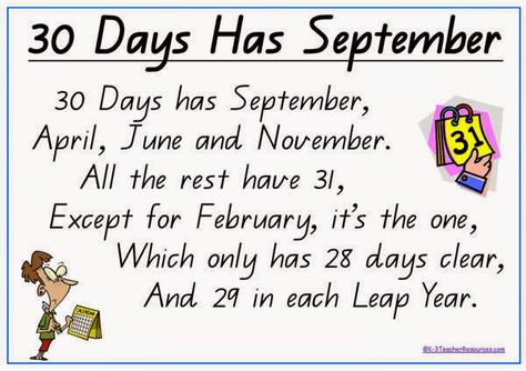 Math Teacher Mommy: How many months have 31 days? (Calendar/Months of ... 30 Days Hath September Poem, 30 Days Has September Poem, September Poems For Kids, September Poem, Preschool Rhymes, Preschool Poems, Brain Puzzle, Nursery Rhymes Lyrics, Spanish Numbers