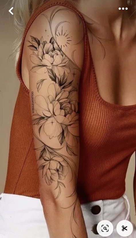 Elegant Upper Arm Tattoos For Women, Wolf Flowers Tattoo, Cover Up Tattoo Shoulder For Women, Peonies Back Tattoo, Lily Of The Valley Tattoo Sleeve, Fine Line Filler Tattoo, Women Flower Sleeve Tattoo, Back Shoulder Flower Tattoo, Flower Tattoos Peony