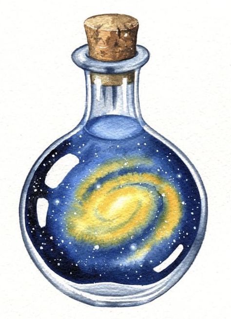 Galaxy Bottle Art, Galaxy In A Bottle Drawing, Potion Bottle Painting, Bottle Watercolor, Jar Art Drawing, Watercolor Bottle, Glass Bottle Drawing, Potion Bottles Drawing, Bottle Drawing