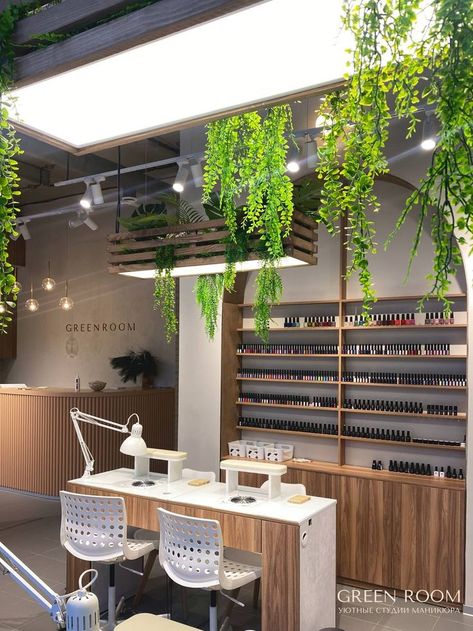 Green Nail Salon Interior Design, Earthy Nail Salon, Green Nail Salon Decor, Small Nail Salon Ideas Decor, Green Salon Ideas, Salon Greenery, Green Salon Decor, Green Nail Salon, Greenroom Ideas