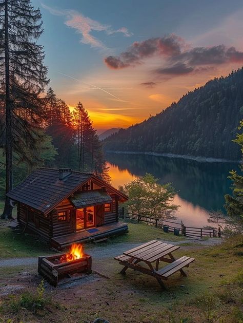 Mountain Cabins House With Sunset View, Cozy Campfire, Edits Videos, Evening Pictures, Mountain Cabins, Peaceful Nature, Cabin In The Mountains, Farm Houses, Cabin Living