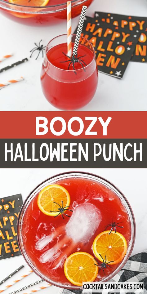 This yummy red Halloween punch can be made with or without alcohol for a fun and festive punch perfect for spooky season. Halloween Drinks Big Batch, Punch Alcoholic Party, Halloween Punch Ideas With Alcohol, Halloween Themed Alcoholic Punch, Best Halloween Punch Alcoholic, Halloween Mixed Drinks Alcohol Punch, Halloween Punch Recipes Alcoholic Party, Halloween Adult Punch Drink Recipes, Halloween Party Juice