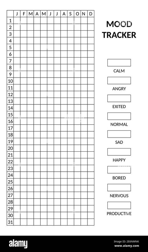 Download this stock vector: Year in pixels, mood tracker monochrome template. Habit diary blank for bullet journal. Monthly planner vertical orientation. - 2E6NMNK from Alamy's library of millions of high resolution stock photos, illustrations and vectors. Blank Journal Templates, Monthly Mood Tracker Template, Monthly Tracker Printable, Month In Pixels, Mood Pixels, Daily Tracker Bullet Journal, Printable Bullet Journal Pages Free, Yearly Tracker Bullet Journal, Year In Pixels Template