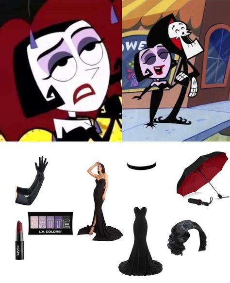 Malaria (voiced by Jeannie Elias) is a gothic woman who fell in love with Grim on an episode of The Grim Adventures of Billy and Mandy before realizing he was the actual Grim Reaper and running away.  Malaria and Grim meet when he goes to the beach with Billy and Mandy.  Malaria wears black opera gloves and a long black strapless dress.  She uses an umbrella at the beach and wears purple eye shadow and red lipstick. Grim Adventures Costume, Malaria Grim Adventures, Adventures Of Billy And Mandy Grim, The Grim Adventures Of Billy & Mandy Halloween Costume, Grim Adventures Of Billy And Mandy Grim, Black Long Dress Halloween Costume, Grim Reaper Couple Costume, Grim Reaper And Malaria Costume, Billy And Mandy Costume