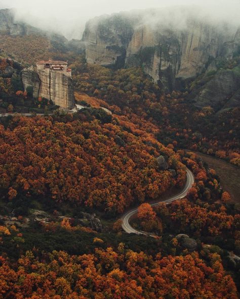 Meteora, Greece #wallpaper #postcard #view #autumn #greece #photography #photooftheday Greece Wallpaper, Meteora Greece, Greece Photography, Grand Canyon, Greece, Natural Landmarks, Water, Travel, Photography