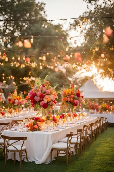 Colorful Wedding Decorations Receptions, Wedding Venues Colorful, Wedding Dinner Lights, Fall Wedding California, Garden Wedding Ideas Simple, Summer Wedding Bright Colors, Bright Color Wedding Reception, Bright Colours Wedding Theme, Wedding Reception Summer