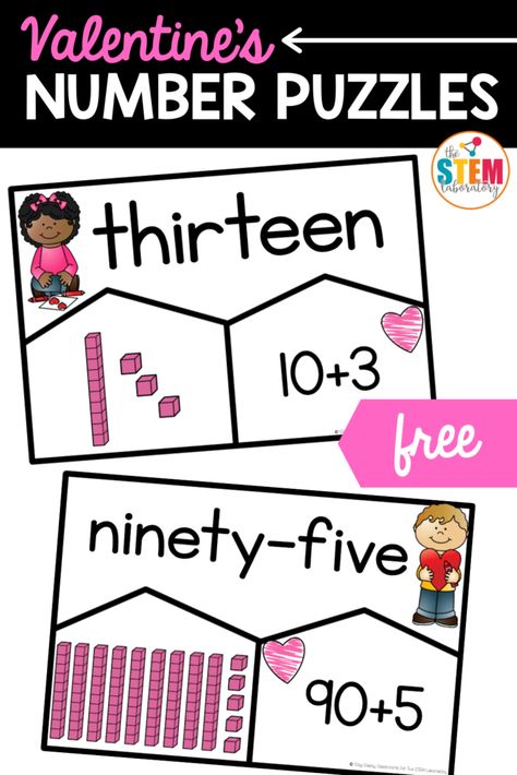 Valentine's Number Puzzles - Numbers to 100 - The Stem Laboratory Place Value Centers 1st Grade, Valentines Centers 1st Grade, Valentines Day Centers First Grade, Valentine 1st Grade Activities, Valentine’s Day Centers Kindergarten, Valentine’s Day Centers, Valentines Day 1st Grade, Math Centers First Grade, February Centers