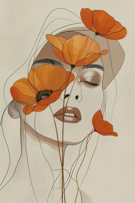 The Flower Woman - Enea Kelo Vector Illustration People, Portraits Female, Flower Woman, Creative Wall Painting, Hair Vector, Art Deco Paintings, People Figures, Drawing Wallpaper, Digital Portrait Art