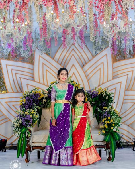 Decoration For Dhoti Function, Half Saree Decoration Ideas, Half Saree Ceremony Decoration, Half Saree Decoration, Half Saree Function Kids, Half Saree Function Decoration Ideas, Saree Function Decoration, Pellikuthuru Decoration, Parrot Green Saree