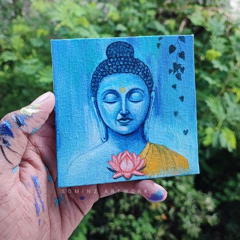 Mini Buddha Painting, Tiny Art Canvas Mini Paintings, Buddha Painting Simple, Buda Painting, Square Canvas Painting Ideas, Buddha Canvas Painting, Painting Buddha, Meaningful Paintings, Buddha Painting Canvas