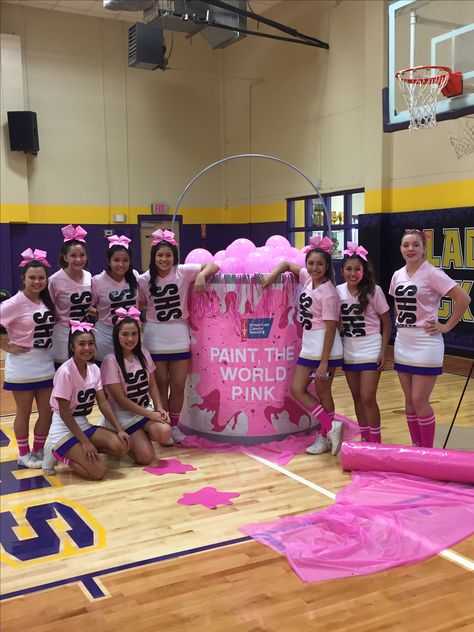 Barbie Pep Rally Theme, White Out Pep Rally Ideas, Pink Out Cheerleaders, Cheer Pink Out Ideas, Pink Out Hallway School, Barbie Pep Rally, Pep Rally Game Ideas High Schools, Pink Out Ideas Spirit Week, Cheer Ideas High School