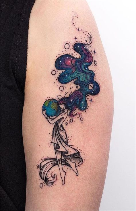 Gaia Tattoos For Women, Otherworldly Tattoo, Hip Tattoo Color, Tattoo Planets, Galaxy Tattoo Sleeve, Small Colorful Tattoos, Girl Shoulder Tattoos, Mother Nature Tattoos, Galaxy Tattoo