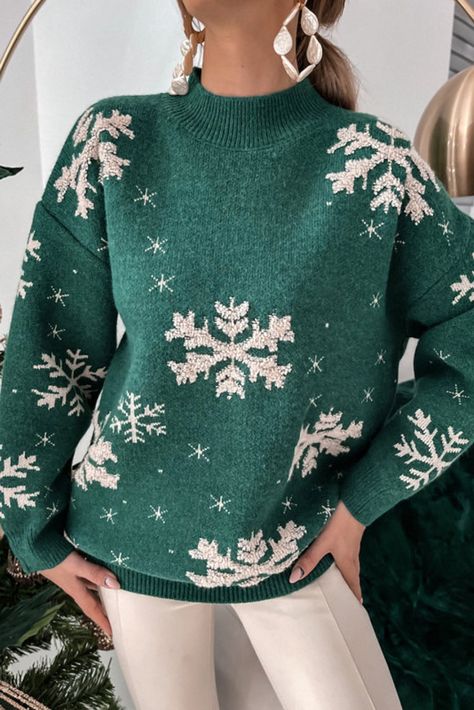 $11.32 Blackish Green Christmas Snowflake Mock Neck Sweater Wholesale Christmas Sweaters For Women, Women Sweaters Winter, Estilo Chic, Top Streetwear, Collar Sweater, Knitting Women Sweater, Mock Neck Sweater, Print Pullover, Green Sweater