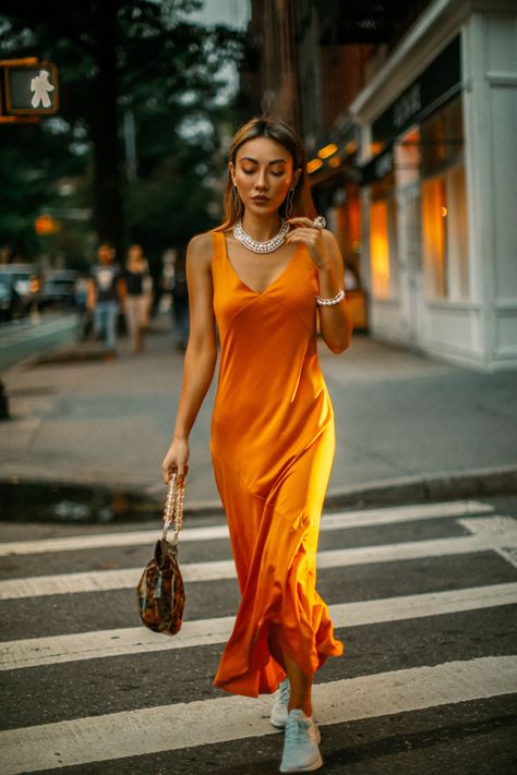 How to Wear Sneakers from Day to Night - Yellow Slip Dress sneakers, Nike Epic React Sneakers, fashion sneakers // Notjessfashion.com Satin Dress With Sneakers, Retro Plaid Dress, Jessica Wang, Dress And Sneakers Outfit, Nike Sneakers Outfit, How To Wear Sneakers, Sneaker Outfits, Nike Dresses, Sneakers Fashion Outfits