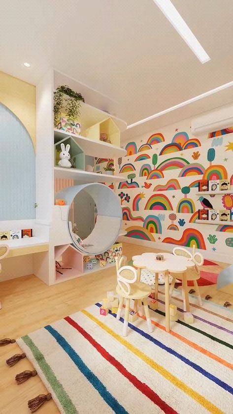 Montessori Kindergarten & Daycare Design 🎨 Daycare Room Design, Rocking Bed, Bed Montessori, Montessori Home, Indoor Playroom, Daycare Design, Kids Room Interior Design, Modern Kids Room, Kids Rooms Diy