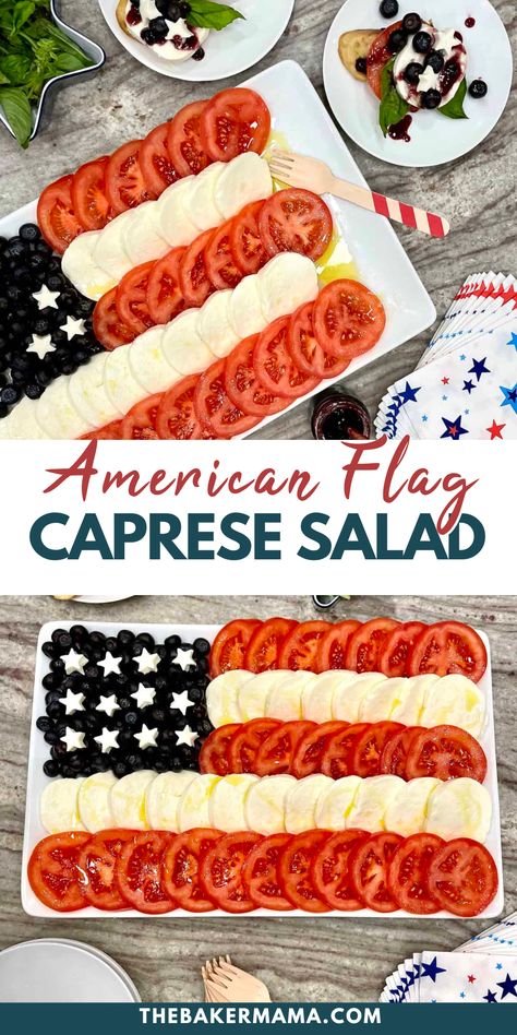 Looking for a patriotic appetizer for a 4th of July party? Get this recipe for an American Flag Caprese Salad!  Serve with toasted baguette and a balsamic glaze, your guests will love this delicious summer app! 4th Of July Caprese Salad, Patriotic Caprese Salad, 4th Of July Food Veggies, American Flag Caprese Salad, Red White Blue Appetizers 4th Of July, Red White And Blue Caprese Salad, Forth Of July Salads, 4th Of July Candy Salad, 4th Of July Food Appetizers Parties