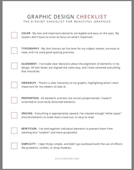 Graphic design checklist Graphic Design Terminology, Graphic Designer Must Haves, Brand Design Checklist, Graphic Design Assignments Ideas, Logo Design Checklist, Graphic Design Practice Ideas, Graphic Design Challenges, Graphic Design Prompts 30 Day, Graphic Design Assignments