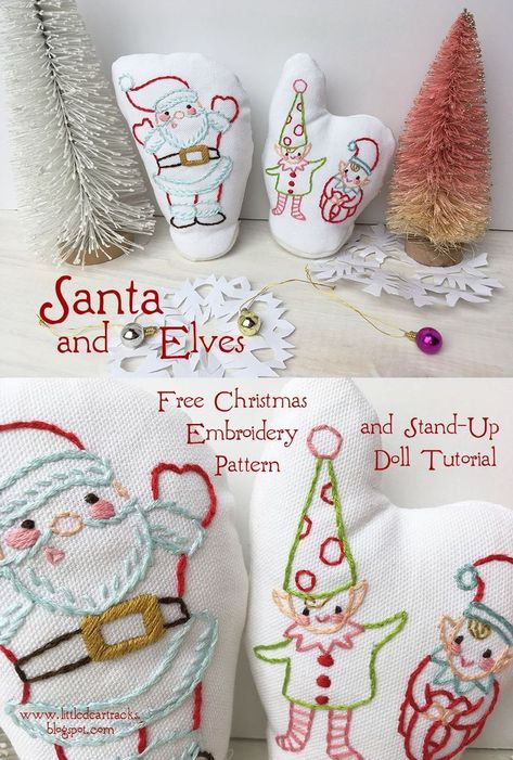 Stitch up these adorable Santa and Elves stand up dolls with the free embroidery patterns and tutorial at littledeartracks.blogspot.com #christmasdiy #christmasdecorations #christmascrafts #freeembroiderypattern Santa Embroidery Design, Marshmallow Cheesecake, Embroidery Santa, Free Embroidery Patterns, Primitive Stitchery, Christmas Embroidery Patterns, Crafts Sewing Patterns, Christmas Applique, Embroidery Stitch