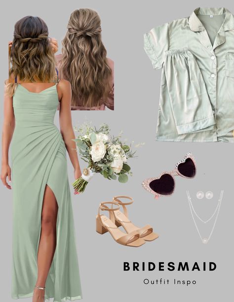 Bridesmaid outfit for wedding. Dusty sage dress, beige heels, half-up-half-down hair, silver jewelry, dusty sage get-ready pj set, bridesmaid diy sunglasses. Sage Green Dresses Bridesmaid, Dust Sage Bridesmaid Dresses, Sage Green Guest Wedding Dress, Jewelry With Sage Green Dress, Sage Green Dress Nude Shoes, Sage Color Outfit, Sage Green Dress Bridesmaid, Sage Green Dress Accessories, Shoes With Sage Green Dress