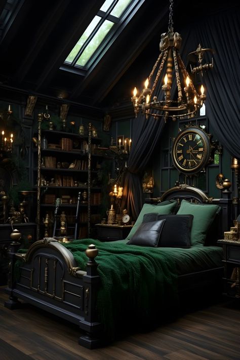 Dark bedroom with black walls, green ceiling, witchy academia, cottagecore, and cabincore elements. Enigmatic and captivating ambiance. Dark Academia Bedroom Ideas Modern, Vampire Room, Goth Interior, Dark Academia Bedroom, Dark Green Rooms, Dark Cozy Bedroom, Academia Bedroom, Funky Bedroom, Gothic Bedroom