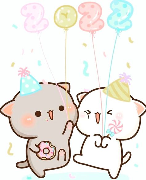 Kawaii New Year, Gomu Peachu, Peach And Goma Cat, Peach Y Goma, Happy Birthday My Dear, Panda Gemoy, Mochi Cat, Mochi Peach Cat, Peach And Goma