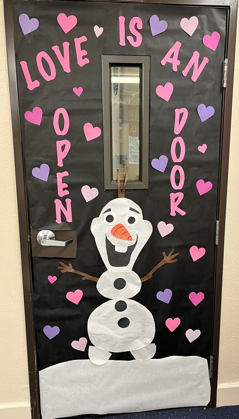 olaf, winter, classroom door, teacher, love is an open door Valentine’s Day Preschool Door, Valentine’s Day Door Theme, Valentines Day Door Ideas, February Door Ideas For Classroom, Valentine’s Day Classroom Door, Valentines Day Door Decorations, Winter Classroom Door Ideas, Valentines Door Decorations, Valentines Boards