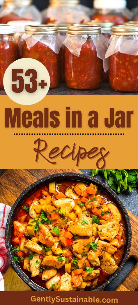 Canning Convenience Meals, Canning One Jar Meals, Jar Dinners Mason, Dinner Canning Recipes, Dehydrator Meals In A Jar, Pressure Can Meals In A Jar, Home Canned Meals In A Jar, Meals In Jars Recipes, Make Ahead Jar Meals