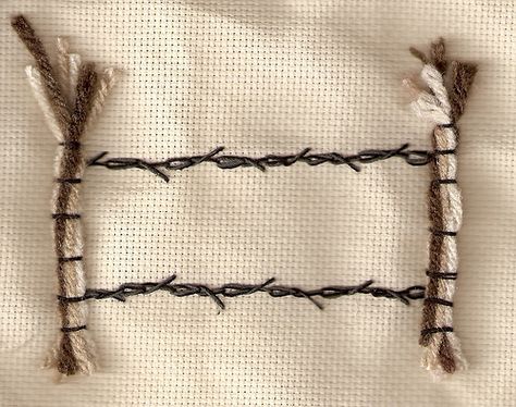 twisted chain | A barbed wire fence. | Karen Jandik | Flickr Barbed Wire Stitch, Barbed Wire Embroidery Diy, American Traditional Barbed Wire, Barbed Wire Embroidery, Embroidered Barbed Wire, Barbed Wire Accessories, Victorian Punk, Barb Wire Crafts, Barbed Wire Fence