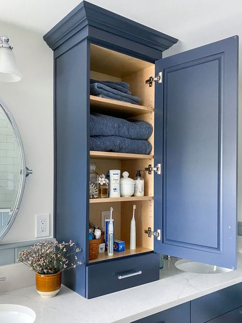 10 Tips for Designing a Bathroom That’s Easy to Keep Organized Bathroom Cabinet On Counter, Bathroom Counter Top Cabinet, Counter Cabinet Bathroom, Bathroom Counter Cabinet, Blue Double Vanity, Primary Bathroom Remodel, Designing A Bathroom, Bathroom Cupboard, Master Bath Shower