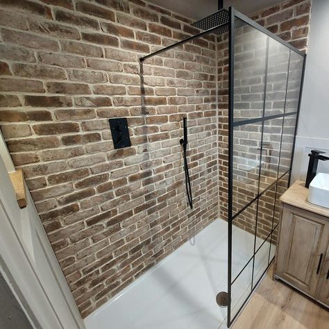 Brick Tile Shower, Brick Slip, Brick Bathroom, Brick Slips, Bathroom Transformation, Brown Brick, Kitchen Fireplace, Tile Companies, Rustic Bathrooms