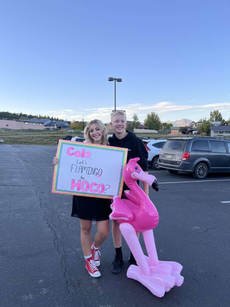 Flamingo Hoco Proposal, Barbie Hoco Proposal, Pink Hoco Proposal, Promposal Ideas For Him, Hoco Signs, Cute Promposals, Dance Proposals, Dance Posters, Prom Proposals