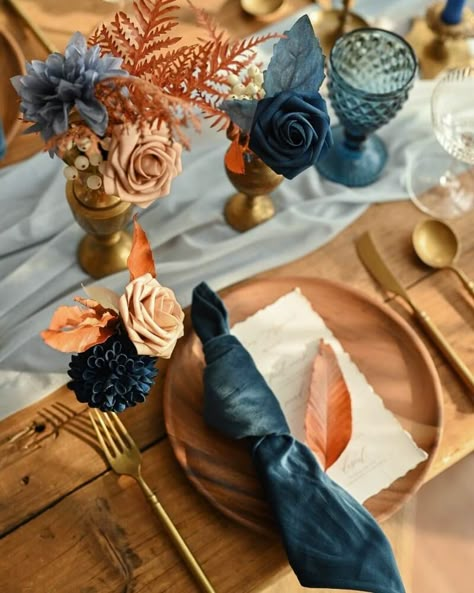 Dusty Blue Copper Wedding, Orange Wedding Backdrop, Gold And Orange Wedding, Denim Blue Wedding, Centerpieces For Wedding Tables, Flower Centerpieces For Wedding, Blue Place Settings, Rustic Palette, Blue Wedding Color Palette