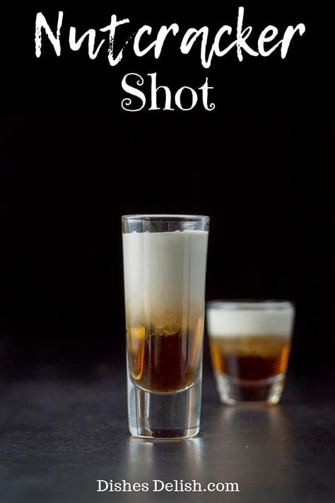 The flavor explosion of the Amaretto, Frangelico and light cream, makes for a scrumptious and beautiful shot! #frangelico #amaretto #nutcrackershot #dishesdelish Kahlua Shots, Christmas Shots, Irish Cream Liqueur, Shot Recipes, Christmas Dishes, Alcohol Drink Recipes, Social Butterfly, Christmas Cocktails, Adult Beverages