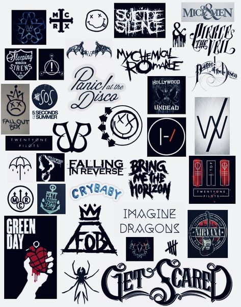 Emo/rock bands Emo Bands List, Get Scared Logo, Emo Band Logos, Get Scared Band Aesthetic, Emo Stickers Printable, Emo Notebook, Band Stickers Printable, Emo Logo, Emo Symbols