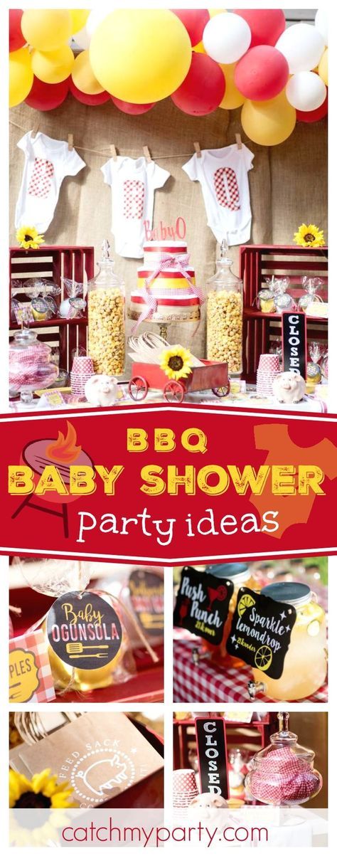 Take a look at this fantastic Backyard Baby-que Baby Shower! The onsie garland backdrop is adorable! See more party ideas and share yours at CatchMyParty.com Babyque Shower, Bbq Baby Shower Decorations, Bar Backyard, Barbecue Baby Shower, Backyard Baby Showers, Bbq Theme, Baby Q Shower, Bbq Games, Couples Baby Showers